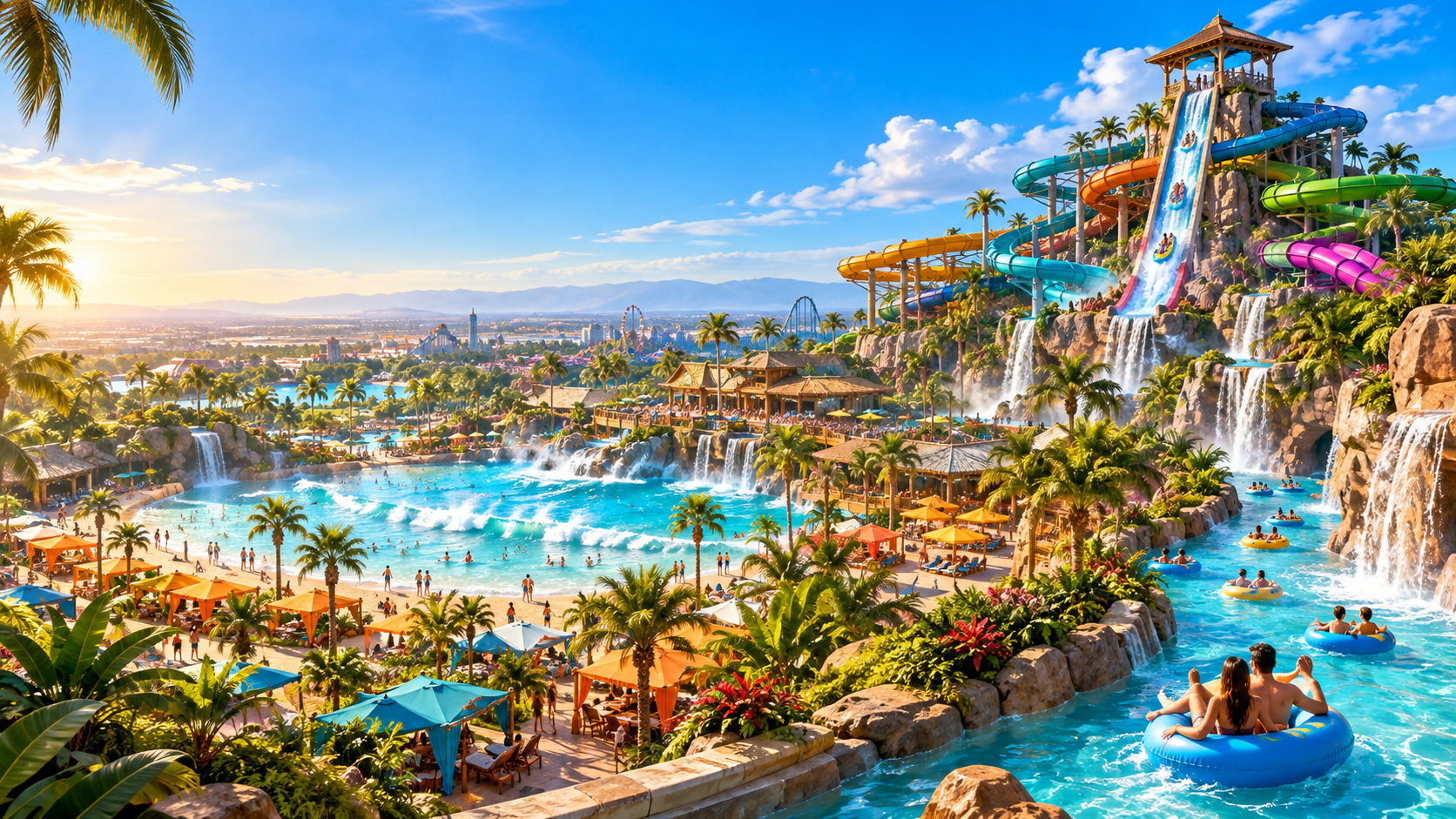 A spectacular waterpark concept with waterslides, pools, waterfalls, tropical landscaping, and a lazy river